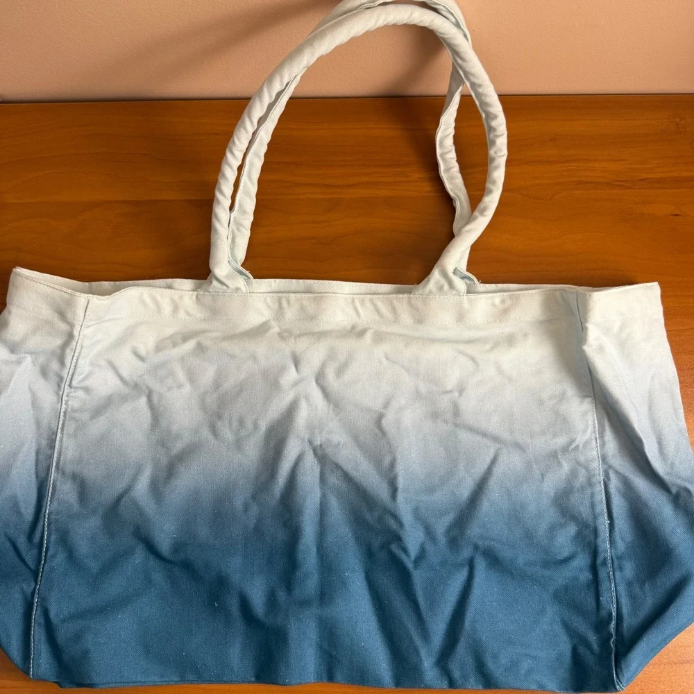 Athleta Ombre Tote Bag Teal Blue‎ White Canvas Beach Travel Everyday Carryall